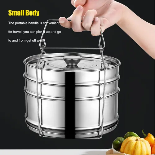 Vista 4 de Olla de cocina de acero inoxidable, olla de vapor con tapa, doble caldera para cocinar, sartén apilable de 2 niveles para cocina