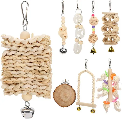 Vista 3 de Juego de juguetes de loros de pájaros, madera natural, escalada de pájaros, masticar, colgante, jaula, juguetes para mascotas, pájaros, ejercicio