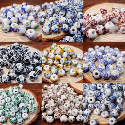 Vista 2 de Calvas 50 unids/lote de 0.394 in agujero grande grande cuentas de cerámica flor azul y blanco granos de porcelana hechos a mano DIY joyería