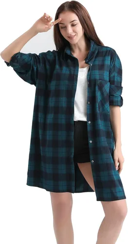 Vista 2 de AGO FTYxTRA Camisa pesada a cuadros para mujer, blusa de manga larga de talla grande, abrigos de novio con solapa
