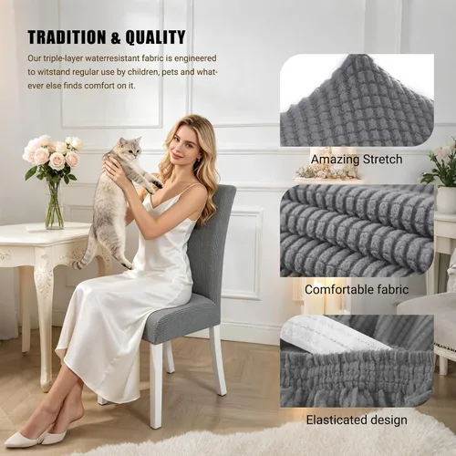 Vista 4 de PETCUTE Fundas elásticas para sillas de comedor, fundas elásticas antideslizantes para sillas de comedor, color gris, paquete de 2