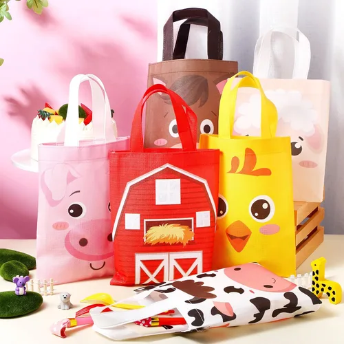 Vista 4 de Sweetude 24 bolsas de recuerdo de fiesta de animales de granja con asa – 9.84 x 7.87 pulgadas bolsas de dulces no tejidas – Bolsa de regalo