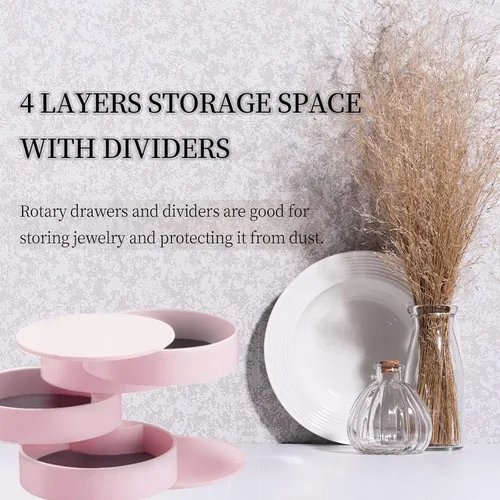 Vista 3 de Keismodye - Organizador de joyas pequeño organizador de joyas para aretes o anillos caja giratoria de 4 capas con tapa para pulseras rosa