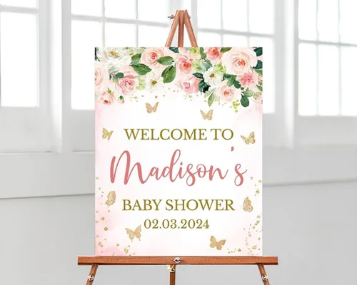 Vista 13 de Cartel de bienvenida de baby shower, cartel de bienvenida editable con texto en inglés "It's a Girl Woodland", letrero de bienvenida de baby shower
