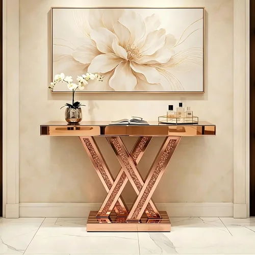 Vista 18 de SSLine Mesa de consola negra con espejo para sala de estar, mesa de entrada moderna de espejo de 43 pulgadas con base de cristal en forma de O