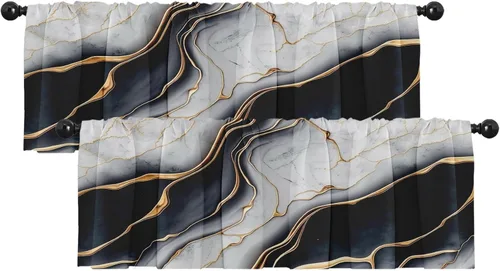 Vista 12 de Emvency Paquete de 2 cenefas para ventana, diseño geométrico gris y negro, cortinas de arte moderno abstracto, cortinas ajustables para ventanas