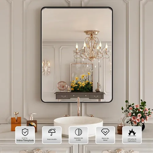 Vista 2 de Espejo de Baño Negro de 22 x 30 Pulgadas, Espejo de Pared Rectangular para Baño, Espejo con Esquinas Redondeadas y Marco de Metal Negro Mate
