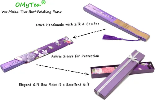Vista 7 de OMyTea abanicos de mano de seda con marco de bambú para mujer de 8,27 pulgadas (21 cm), con estuche de tela protector para regalo, estampado
