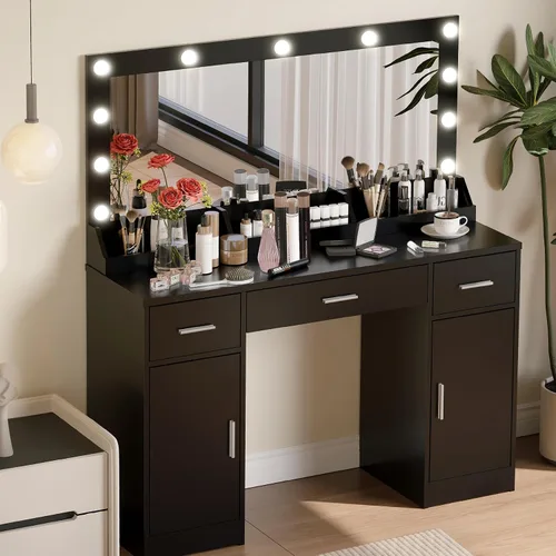 Vista 3 de MIRROTOWEL Escritorio de tocador de 47.5 pulgadas con espejo grande, 3 modos de iluminación de color, brillo ajustable, cómoda con 3 cajones y 2