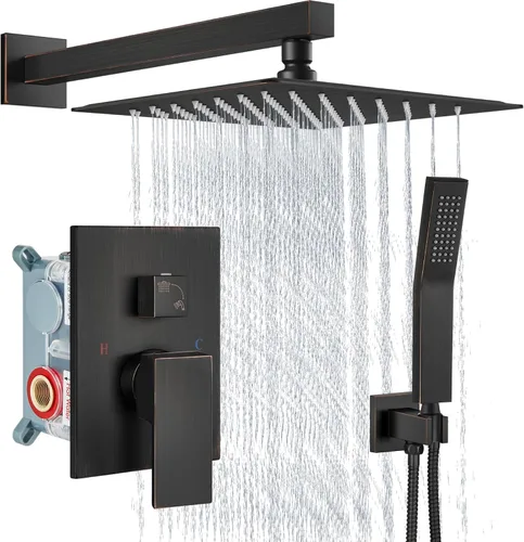 Vista 10 de Aolemi Sistema de ducha tipo lluvia de 12 pulgadas, cabezal de ducha cepillado Nikcel Combo Set con ducha de mano válvula de montaje en pared grifo