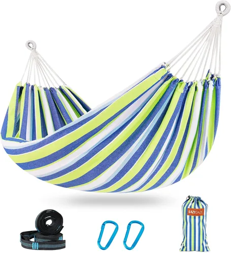 Vista 12 de Lazy Daze Hammocks Hamaca doble brasileña de algodón, hamaca portátil extragrande para acampar al aire libre con correas para árboles y bolsa