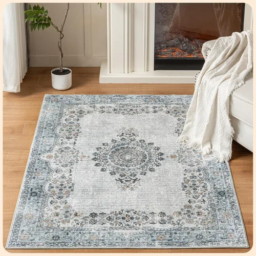 Vista 134 de Istana Alfombra larga antideslizante de 2.5 x 8 para el hogar, para pasillo y cocina, lavable, sedosa y suave al tacto, elegante, color azul y marfil