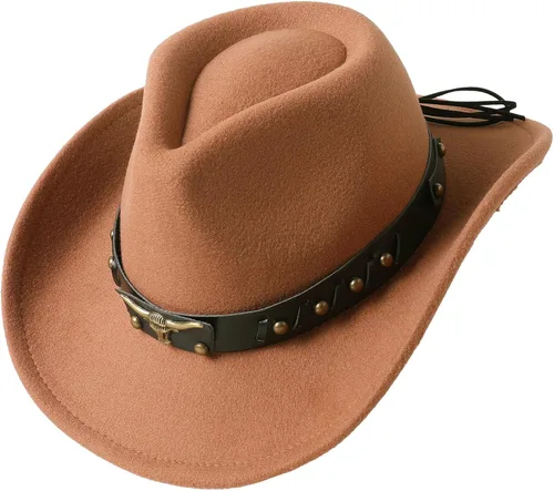 Vista 11 de Jastore Sombrero de vaquero occidental para niños y niñas, clásico vaquero con cinturón de hebilla Beige
