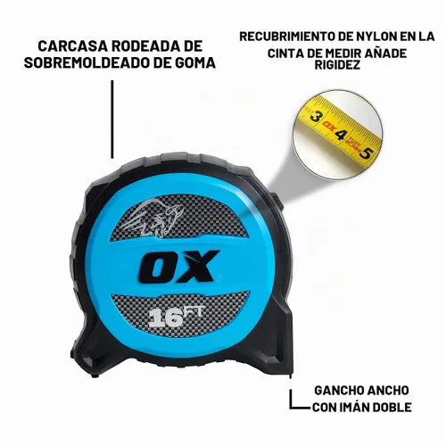 Vista 2 de OX Tools Tuff Blade - Cinta métrica magnética de construcción a prueba de golpes con doble gancho magnético - Hoja de 1 1/4 pulgadas de ancho