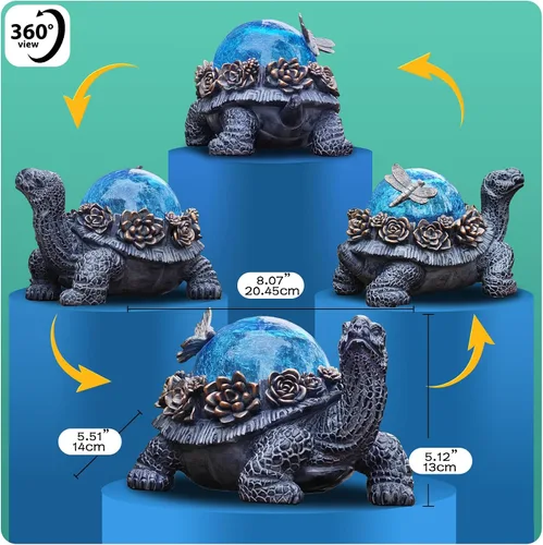 Vista 3 de Estatua de tortuga para exteriores – Figura de animal de resina con luces solares de cristal azul, detalles de suculentas doradas y decoración
