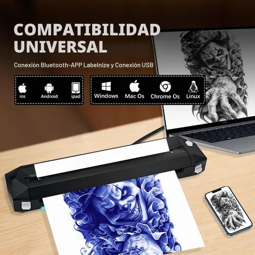 Vista 7 de KVM Impresora inalámbrica de plantillas de transferencia de calor de tatuaje con tira de luz LED, compatible con conectividad Bluetooth o USB.