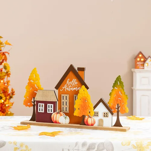Vista 9 de Glitzhome Juego de 2 decoraciones de calabaza de madera de Acción de Gracias (6 pulgadas y 8 pulgadas de alto) – Decoración de mesa de granja