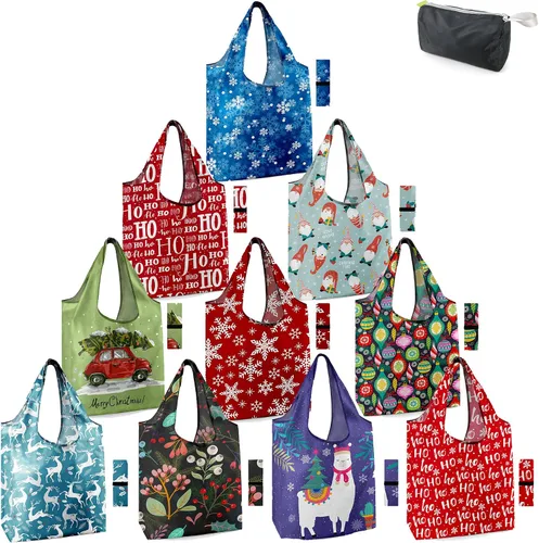 Vista 41 de BeeGreen Bolsas de comestibles reutilizables de Navidad con bolsa de almacenamiento con cremallera, paquete de 10 bolsas de compras reutilizables a