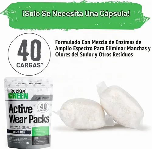 Vista 3 de Cápsulas detergentes Rockin' Green Active Wear para el deporte sin perfume 40 cargas
