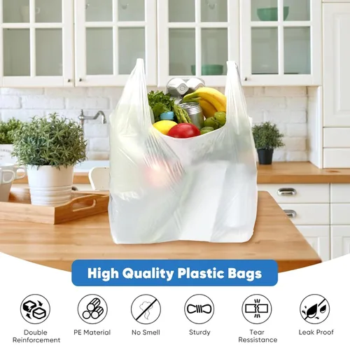 Vista 4 de Bolsas de plástico LimonLaviu con asas - 310 unidades, bolsas en forma de camiseta blanca fuerte de 25 mic/1 mil para pequeñas empresas