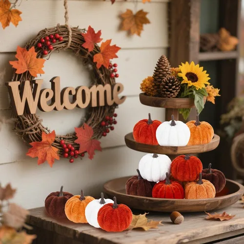 Vista 4 de 16 PCS Fall Autumn Artificial Velvet Pumpkins Mini Faux Pumpkins