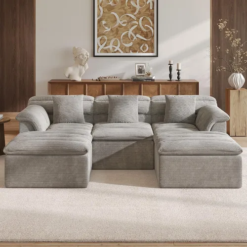 Vista 13 de Sofá modular de 111.8 pulgadas con otomana, sofá de nube sin hueso con asiento profundo, cómodos sofás de pana en forma de U para sala de estar,