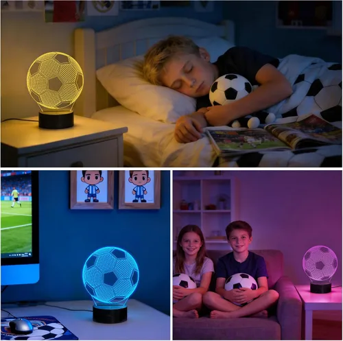Vista 4 de FULLOSUN Luz nocturna para niños, fútbol, lámpara de ilusión óptica 3D con control remoto, 16 colores cambiantes, fútbol, cumpleaños, Navidad, día
