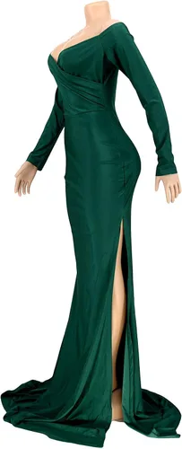 Vista 4 de Vakkest - Vestido largo de verano para mujer con hombros descubiertos sexy cuello en V manga larga vestido de cóctel sirena y boda