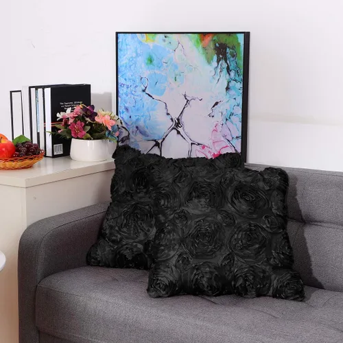 Vista 9 de PiccoCasa 2 fundas de almohada con diseño de flores 3D, románticas fundas de cojín decorativas de satén, funda de almohada con rosas estéreas