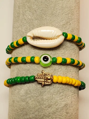 Vista 50 de 3 pcs Ilde Cowrie seashell Evil Eye Hamsa Hand Orisha Santeria Pulseras Bracelet Set
