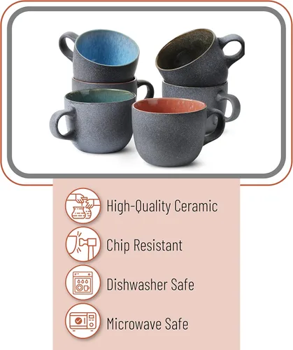 Vista 4 de BTAT - Juego de tazas de café de porcelana, 14 onzas (14.0 fl oz), paquete de 6, tazas de café de cerámica, negro mate exterior y colorido