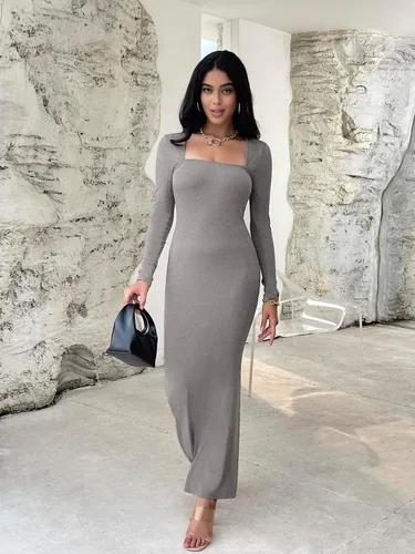 Vista 3 de Vestidos ajustados para mujer, con cuello cuadrado, manga larga, suave, acanalado, ajustado, 2023