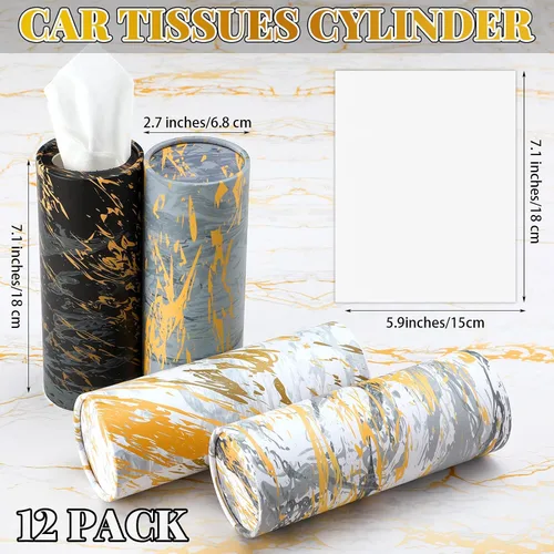 Vista 5 de Thenshop Paquete de 12 soportes para pañuelos de automóvil de 3 capas de tejido facial a granel mármol moderno, cilíndrico, cajas redondas de viaje