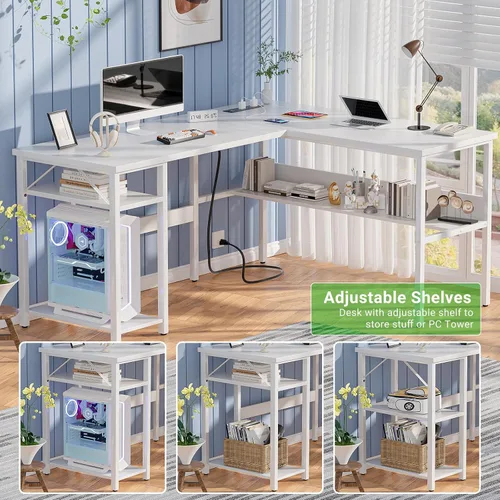 Vista 7 de Unikito Escritorio reversible para computadora en forma de L con tomas de corriente mágicas y puertos de carga USB, escritorio esquinero resistente