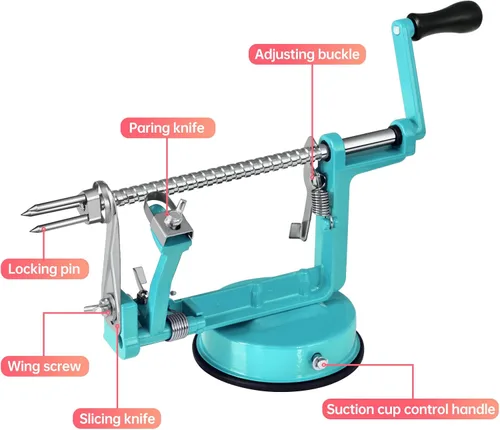 Vista 3 de Pelador de manzanas, cortador de patatas 3 en 1, acero inoxidable resistente con base de ventosa (azul)