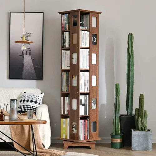 Vista 6 de Estantería creativa giratoria de 360°, estante simple y moderno de varias capas, estantería de madera para sala de estar, estudio y oficina
