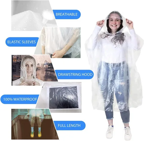 Vista 4 de Ponchos de lluvia desechables para adultos, plástico impermeable y capucha con cordón, transparente
