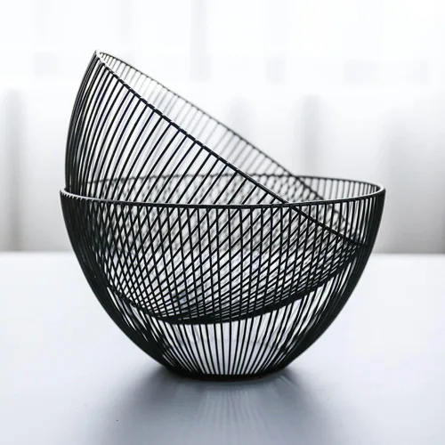 Vista 5 de Cesta de Frutas de Alambre de Metal, Cuenco Negro para Frutas y Verduras para Encimera de Cocina, Cesta Redonda de Almacenamiento de Productos