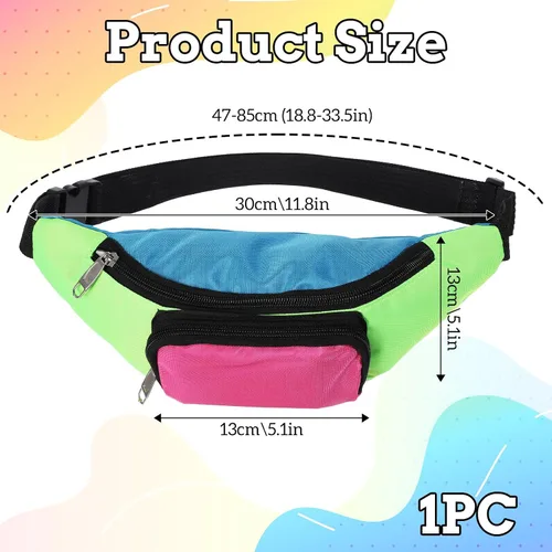 Vista 6 de Riñonera ajustable retro con dos bolsillos, riñonera de neón retro de los años 80 para festivales de vacaciones de los años 80 para mujeres y hombres