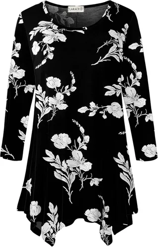 Vista 14 de LARACE - Camisa de talla extragrande para mujer, camisa tipo túnica con manga 3/4, ajuste holgado, ropa básica para mujer 2-negro_cuadros