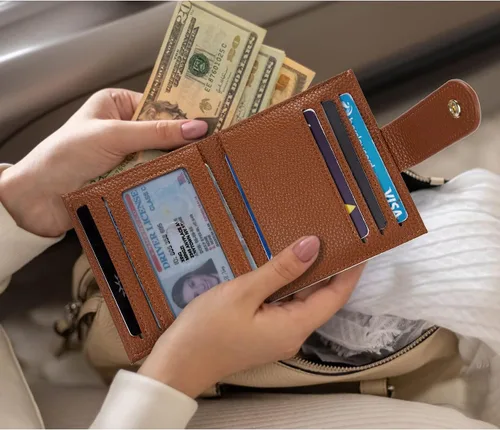 Vista 6 de BOSTANTEN - Billetera delgada para mujer, pequeña, con bloqueo RFID, tarjetero de cuero plegable con cremallera y bolsillo para monedas, Pequeña