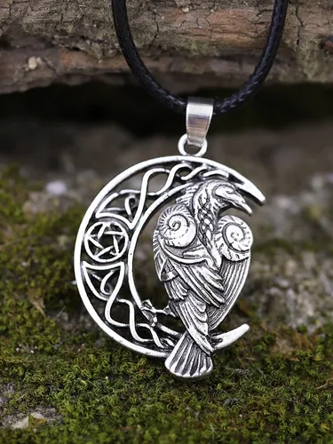 Vista 6 de HAQUIL Raven Collar Dije de cuervo celta vikingo Wicca Cordón de piel sintética, aleación, 2