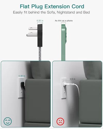 Vista 2 de Protección contra sobretensiones Addtam, cable de extensión de enchufe plano de 5 pies con 4 cargadores de pared USB (2 puertos USB C), 4 tomas