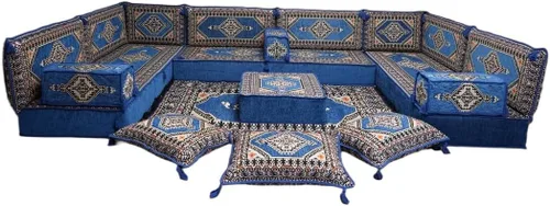 Vista 55 de arabicsofa Sofá en forma de U de estilo árabe para el suelo – Juego de Majlis hecho a mano – Sofá de estilo bohemio