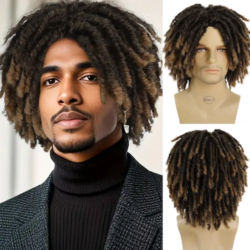 Vista 10 de GNIMEGIL - Pelucas cortas trenzadas para hombre Afro Bob, cabello negro trenzado en crochet, diadema con rastas, fibra sintética natural, capas