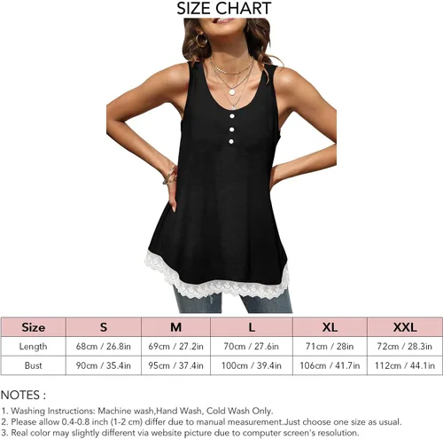 Vista 3 de Women Crewneck Button Up Tank Top Casual Loose Pure Color Lace Trim Ruffle Hem Camisole for Daily Party Date