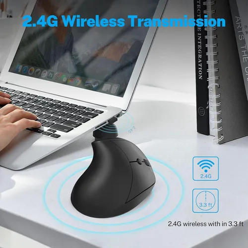 Vista 3 de Ratón ergonómico, pequeño mouse vertical recargable con 6 botones ajustables 800/1200/1600 DPI mouse inalámbrico morado para laptop, escritorio, PC
