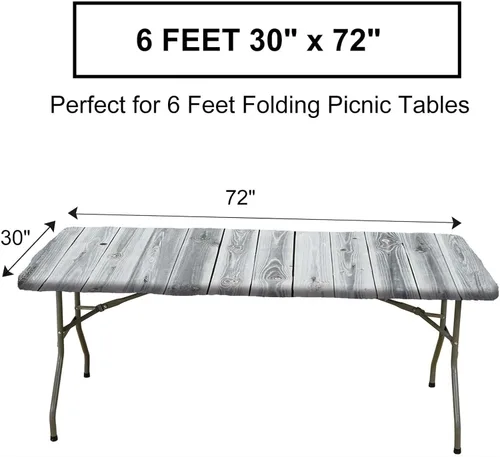Vista 3 de Mantel rectangular blanco ajustable, textura de madera gris, borde elástico, impermeable, lavable, 72 x 30 pulgadas, paneles de madera antigua