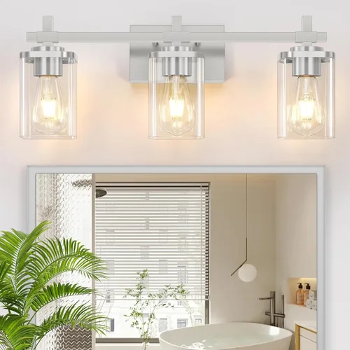 Vista 14 de 2 luces de tocador de baño, accesorios de luz de tocador negro mate sobre espejo, apliques de pared modernos con pantalla de vidrio transparente