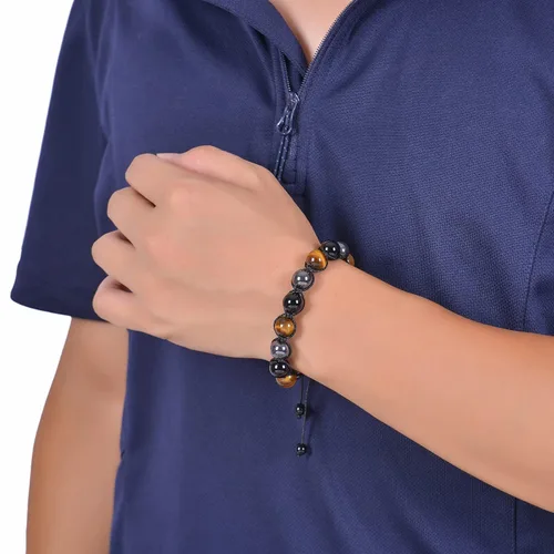 Vista 2 de DHQH Triple Protection Bracelet 8/10MM Hematite Black Agate Tigers Eye Stone Bracelet Crystal Jewelry Healing Bead Bracelets for Men Bring Luck